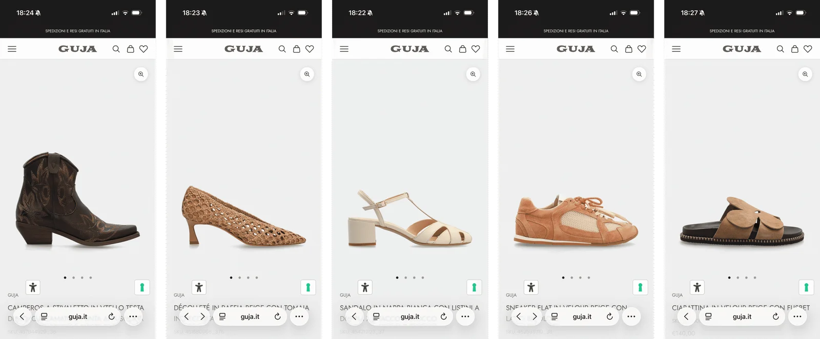 Schede prodotto eCommerce GUJA: stivaletti, décolleté, sandali e sneakers